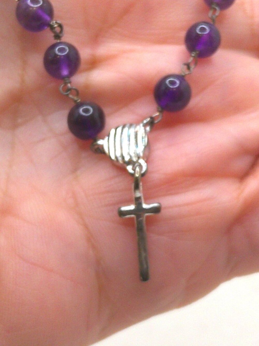 Amethyst Beads and Silver Cross Bracelet
